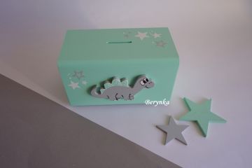 Dřevěná pokladnička s dinosaurem