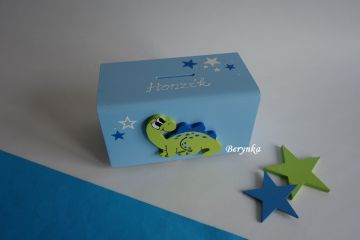 Dřevěná pokladnička s dinosaurem