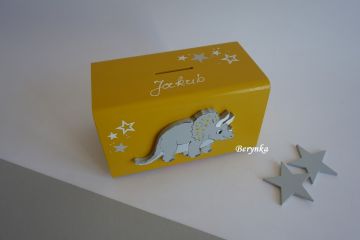 Dřevěná pokladnička s dinosaurem