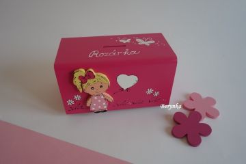 Dřevěná pokladnička s postavičkami - holčičkou a klukem