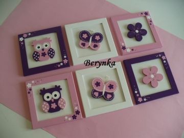 Dřevěné dekorace - tmavě fialová, růžová, bílá