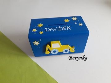 Dřevěná pokladnička s bagrem