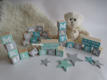 Dřevěné kostičky tyrkysovo-šedé