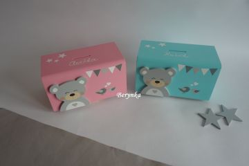 Dřevěná pokladnička v nordic stylu - s medvídkem