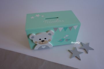 Dřevěná pokladnička v nordic stylu - s medvídkem